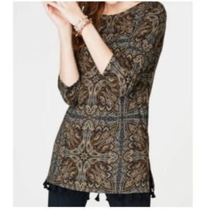 J. Jill Boho Paisley Tassel Hem Tunic Top Black Gold Print Size Small